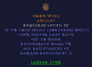 Doom Wing - 2 Cold Skills 10 faster Cast 29 Mana 3 All Resist
