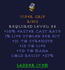 Viper Grip - 10 FCR 21 STR 70 Mana 27 CR - Ring