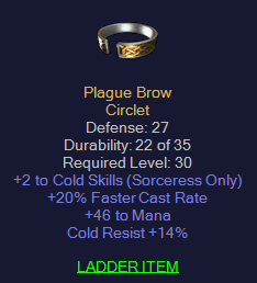 Plague Brow - 2 Cold 20 FCR 48 Mana - D2Bits