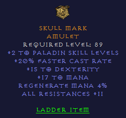 Skull Mark - 2/20 Paladin 15 Dexterity 11 All Resist - Amulet