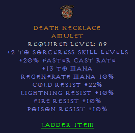 Death Necklace - 2/20 Sorceress 22 CR 10 All Resist - Amulet