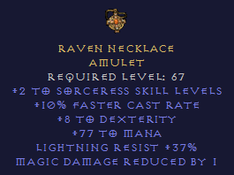 Raven Necklace - 2 Sorceress FCR Mana LR - Amulet