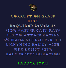 Corruption Grasp - Fcr/3 Mana Leech/Light Fire Res Hfd