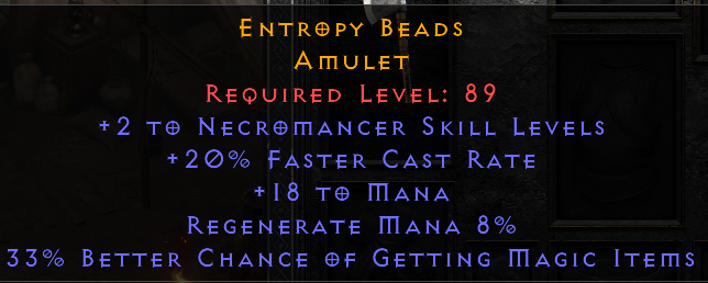 Entropy Beads - 2/20 Necromancer 33% Magic Find - Amulet