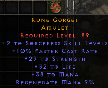 Rune Gorget - 2 Sorceress 10 fcr STR life Mana - Amulet - D2Bits