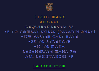 Stone Mark - 2 Paladin Combat 17% fcr 23 str 9 All Resist