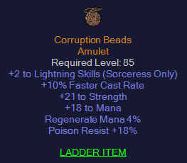 Corruption Beads - 2 Lightning Sorc Skills 10 FCR 21 Strength 18 Pr