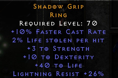 Shadow Grip - 10 FCR 3 Str 10 Dex 40 Life 26 LR - Non Ladder