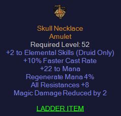 Skull Necklace - 2 Elemental Druid 10 FCR 8 All Resist - D2Bits