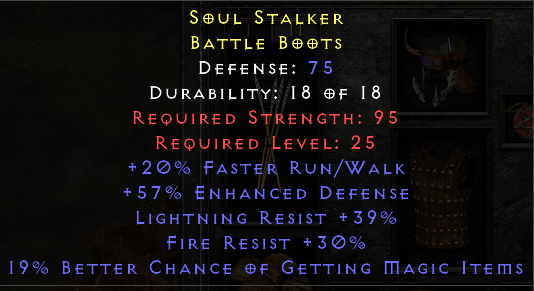 Soul Stalker - 20 Run Walk 39 Light Res 30 Fire Res 19% MF - D2Bits