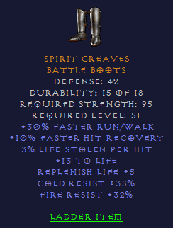 Spirit Greaves - 30/10 Cold Resist Fire Resist Replenish life - Boots - D2Bits