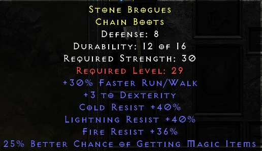 Stone Brogues - Insane Tri Res Magic Find Boots - D2Bits
