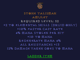 Stone Talisman - 2 Elemental 10 fcr 13 all Res - D2Bits