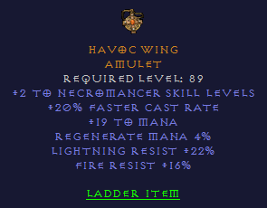 Havoc Wing - 2 Necromancer 20 FCR LR FR - Amulet