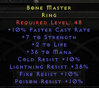 Bone Master - FCR STR Mana All Resist LR stack - Ring