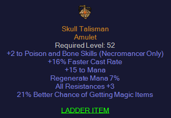 Skull Talisman - 2 Poison and Bone Skills 16% FCR 21% MF