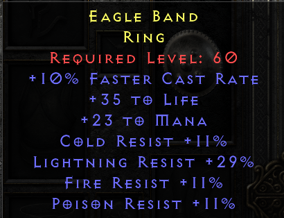 Eagle Band - 10 FCR 35 Life 23 Mana 11 All Resist 29 LR - Non Ladder