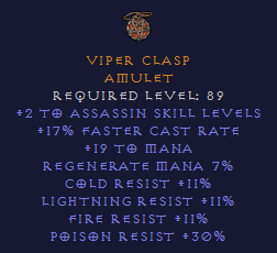 Viper Clasp 2 Assasin 17 FCR 11 All Resist 30 PR - Amulet - D2Bits