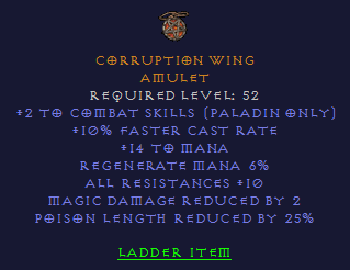 Corruption Wing - 2 Paladin Combat 10 fcr 10 All Resist 25% PLR