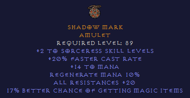 Shadow Mark - 2 Sorceress 20 FCR 20 All Resist 17% MF - Amulet