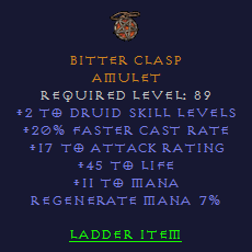 Bitter Clasp - 2 Druid 20 FCR 45 Life - Amulet