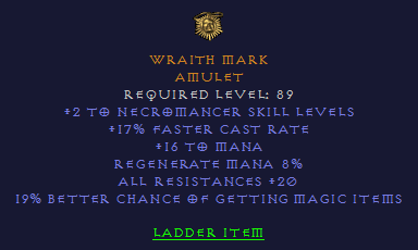 Wraith Mark - 2 Necro 17 FCR 20 All Resist 19% MF - D2Bits