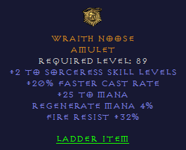 Wraith Noose - 2 Sorceress 20 FCR 32 Fire Resist - Amulet - D2Bits