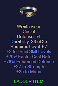 Wraith Visor - 2 Druid 20 FCR 27 STR 25 Mana - D2Bits
