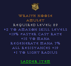 Wraith Noose - 2 Amazon 19 FCR 19 All Resist - Amulet