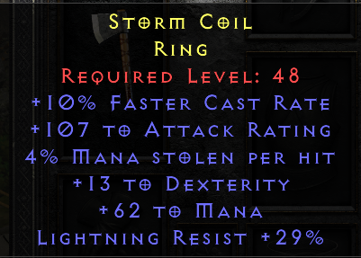 Storm Coil - 10 FCR 107 Attack Rating 4 ML 13 Dexterity 62 Mana 29 LR - Non Ladder