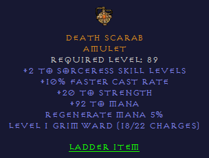 Death Scarab - 2 Sorc 10 FCR 20 STR 92 Mana - Amulet