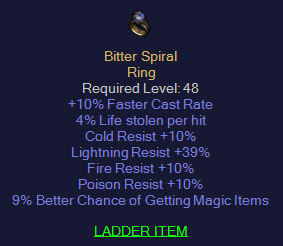 Bitter Spiral - 10 FCR 10 All Resist 39 Lightning Resist 9% MF